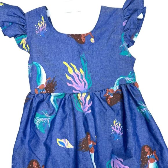 Disney The Little Mermaid Toddler Dress 3T Blue Chambray Ruffle Sleeve Ariel Mer - Picture 2 of 9